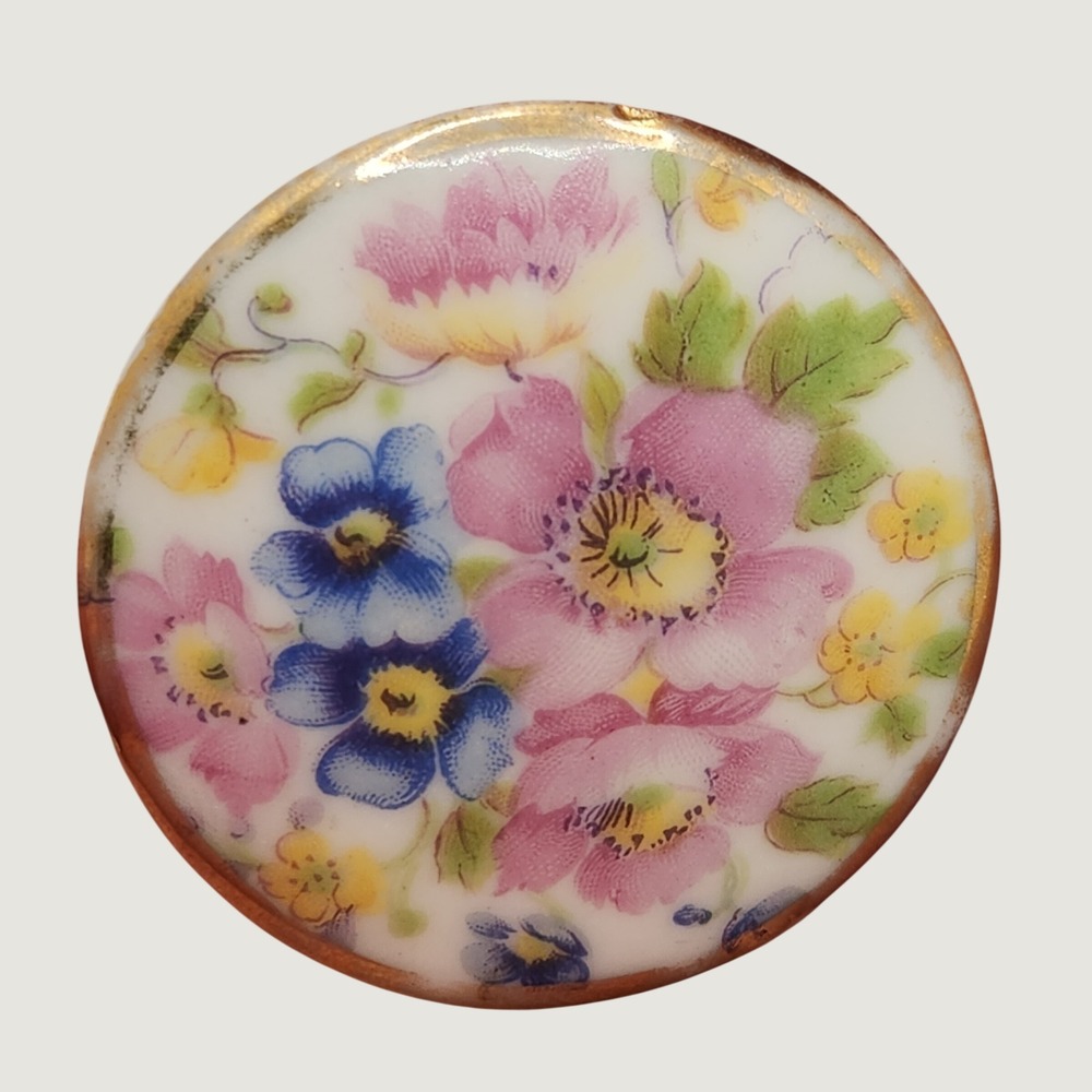 Vintage Floral Enamel Brooch Pin Pink Blue Yellow Flowers Cottagecore Floral